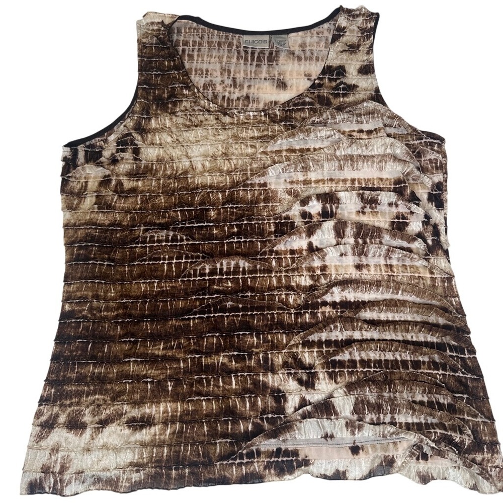 Chicos Brown Animal Print Tiered Tank Top Sleeveless Textured Pleated Size 3 XL - Picture 4 of 8